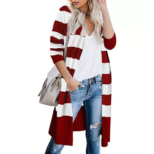 imagechouyatou Womens Fall Color Block Striped Cardigan Sweater Casual Loose Open Front Knit Long Coatigan CoatRed