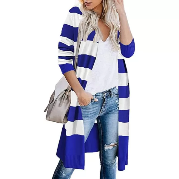 imagechouyatou Womens Fall Color Block Striped Cardigan Sweater Casual Loose Open Front Knit Long Coatigan CoatRoyal Blue