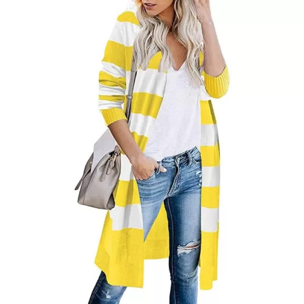 imagechouyatou Womens Fall Color Block Striped Cardigan Sweater Casual Loose Open Front Knit Long Coatigan CoatYellow