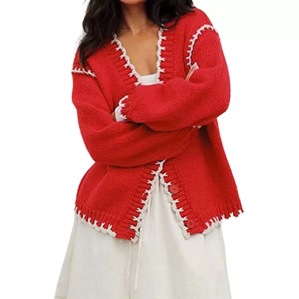 imagechouyatou Womens Fall Contrast Color Striped Button Down Cardigan Sweater Casual Oversized Chunky Knit CardiganRed