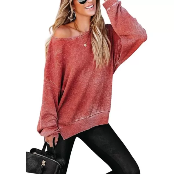 imagechouyatou Womens Fall Oversized Waffle Knit Long Sleeve Pullover Sweatshirt Tops with Side SlitRed