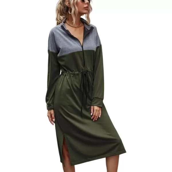 imagechouyatou Womens Half Zip Color Block Drawstring Waist Side Slit Long Sleeve Sweatshirt Long DressArmy Green