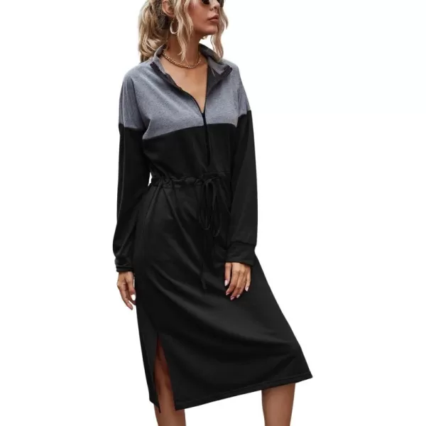 imagechouyatou Womens Half Zip Color Block Drawstring Waist Side Slit Long Sleeve Sweatshirt Long DressBlack
