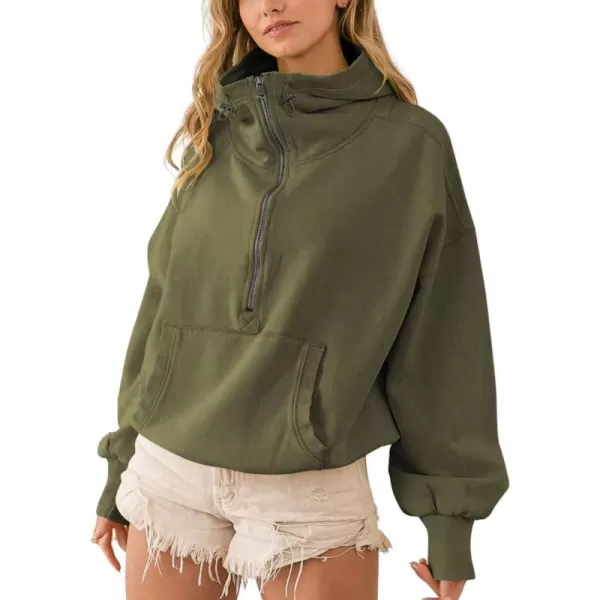 imagechouyatou Womens Half Zip Up Oversized Sweatshirt Boyfriend Casual Long Sleeve Y2K Hoodie TopArmy Green