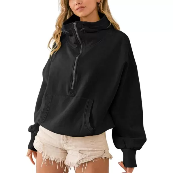 imagechouyatou Womens Half Zip Up Oversized Sweatshirt Boyfriend Casual Long Sleeve Y2K Hoodie TopBlack