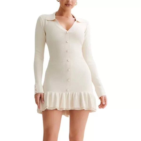 imagechouyatou Womens Long Sleeve Ruffle Hem Bodycon Knit Sweater Mini Dress Collared Back Tie Knot Cut Out DressBeige White