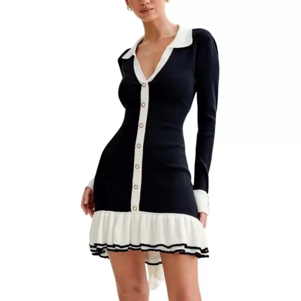 imagechouyatou Womens Long Sleeve Ruffle Hem Bodycon Knit Sweater Mini Dress Collared Back Tie Knot Cut Out DressBlack