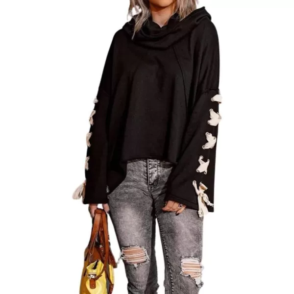 imagechouyatou Womens Oversized Cowl Neck Hooded Long Batwing Sleeve Side Slit Casual Hoodie SweatshirtBlack