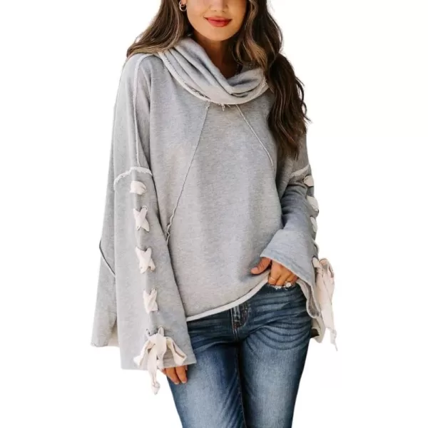 imagechouyatou Womens Oversized Cowl Neck Hooded Long Batwing Sleeve Side Slit Casual Hoodie SweatshirtGrey