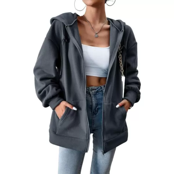 imagechouyatou Womens Oversized Drawstring Sweatshirt Zip Up Fleece Hooded Hoodie Sweatshirt with PocketsGrey