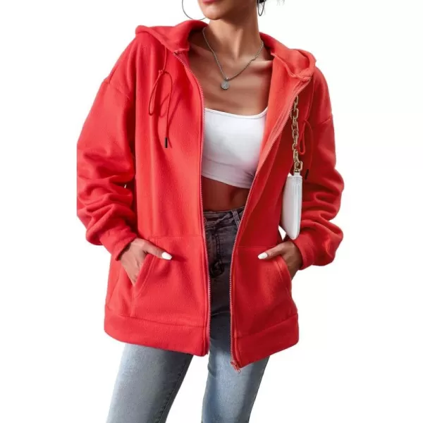 imagechouyatou Womens Oversized Drawstring Sweatshirt Zip Up Fleece Hooded Hoodie Sweatshirt with PocketsRed