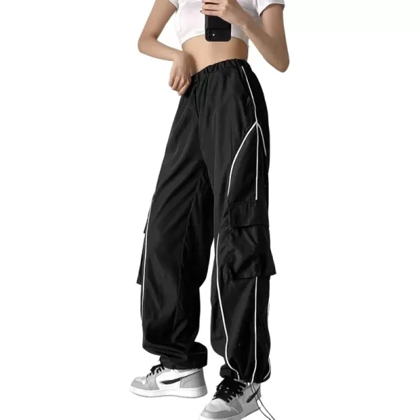 imagechouyatou Womens Parachute Pants Baggy Cargo Pants Streetwear Y2K Wide Leg Track PantsBlack