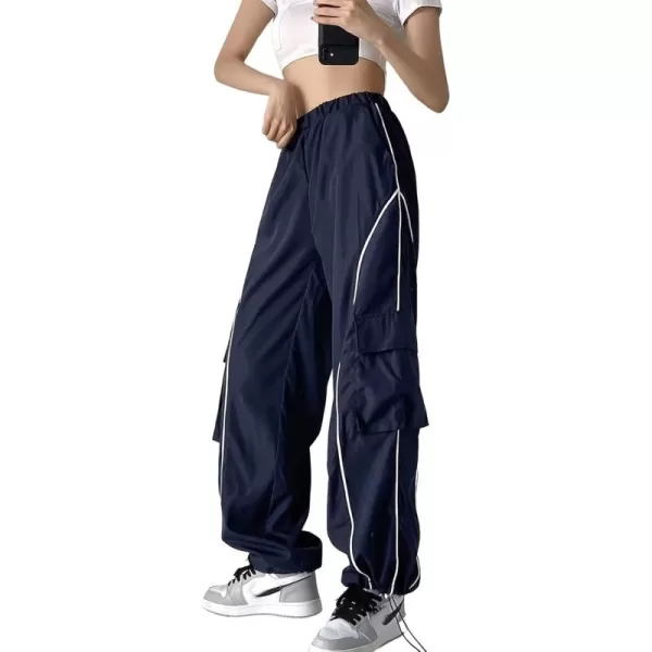 imagechouyatou Womens Parachute Pants Baggy Cargo Pants Streetwear Y2K Wide Leg Track PantsNavy Blue