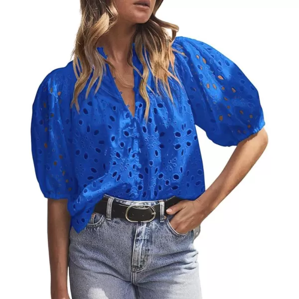 imagechouyatou Womens Puff Sleeve VNeck Eyelet Lace Summer Tops Blouses Crochet Short Sleeve Cotton TShirtsRoyal Blue
