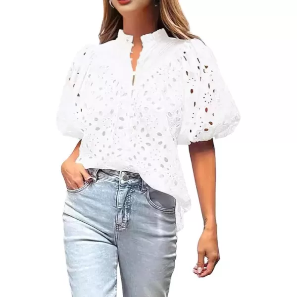 imagechouyatou Womens Puff Sleeve VNeck Eyelet Lace Summer Tops Blouses Crochet Short Sleeve Cotton TShirtsWhite