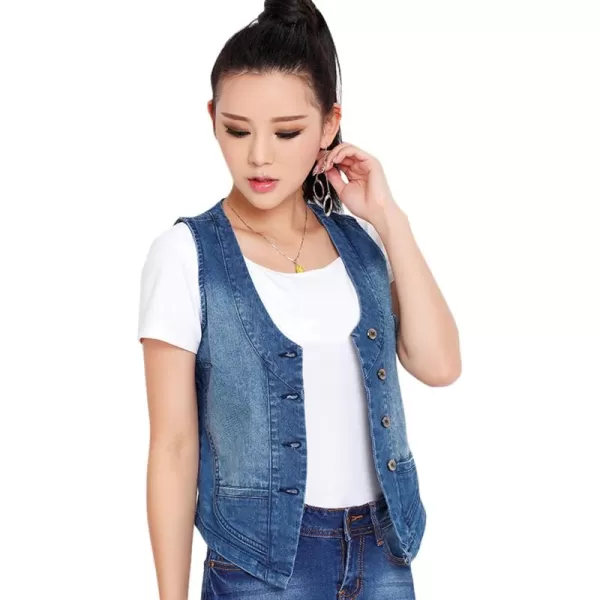 imagechouyatou Womens Stretchy VNeck Button Up Unlined Ripped Denim Waistcoat VestBlue