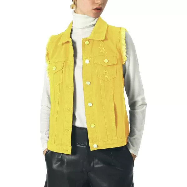 imagechouyatou Womens Stretchy VNeck Button Up Unlined Ripped Denim Waistcoat VestByellow