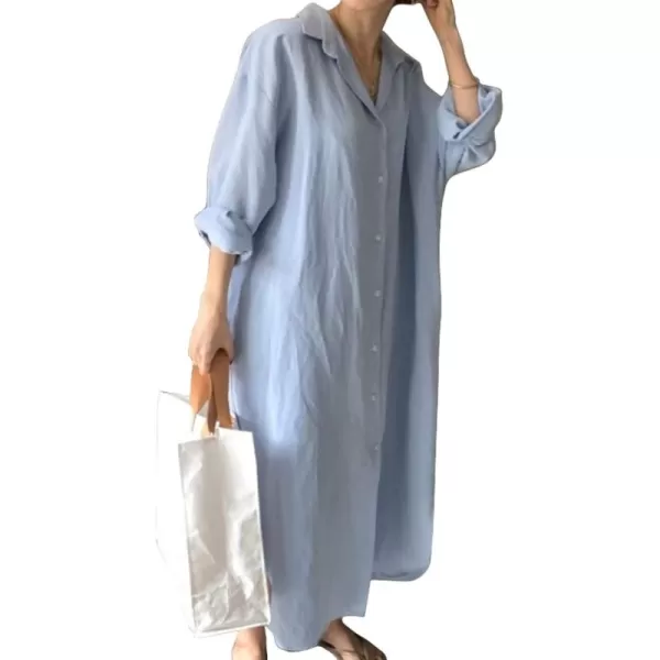 imagechouyatou Womens Summer Bathing Suit Cover Up Loose Lightweight Linen Button Down Maxi Shirt DressLight Blue