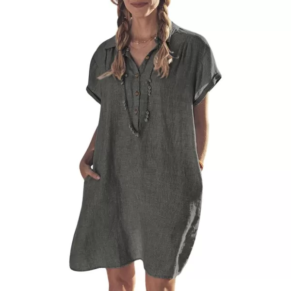 imagechouyatou Womens Summer Polo Neck Casual Linen Shirt Dress Midi Tunic Beach Dress Cover UpsGrey