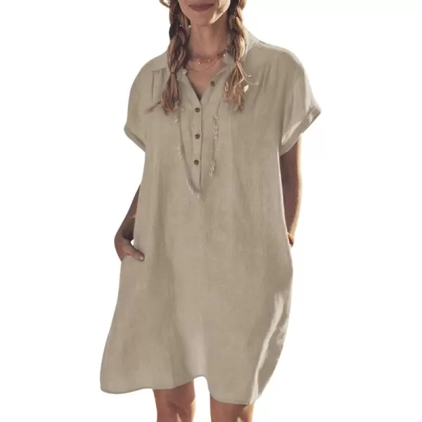 imagechouyatou Womens Summer Polo Neck Casual Linen Shirt Dress Midi Tunic Beach Dress Cover UpsKhaki