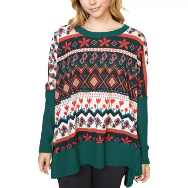 imagechouyatou Womens Winter Crewneck Vintage Oversized Reindeer Pattern Pullover Shirts TopsGreen