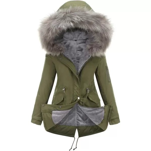 imagechouyatou Womens Winter Sherpa Lined Faux Fur Hooded Mid Long Safari Parka CoatArmy Green
