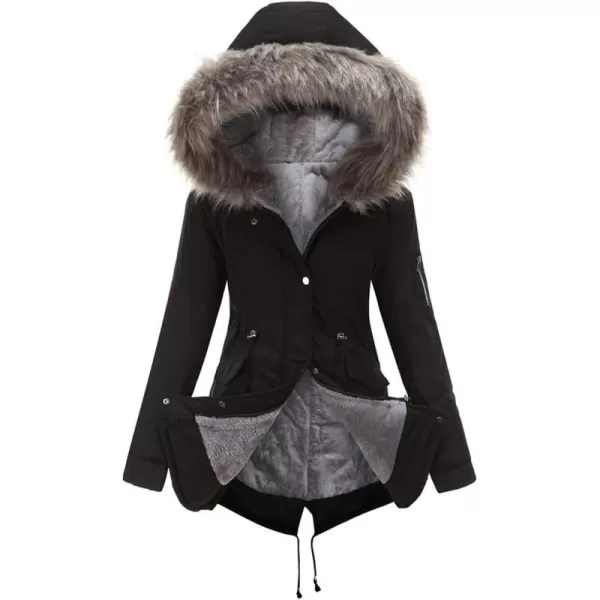 imagechouyatou Womens Winter Sherpa Lined Faux Fur Hooded Mid Long Safari Parka CoatBlack