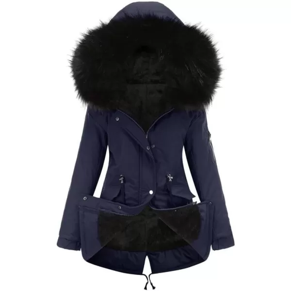 imagechouyatou Womens Winter Sherpa Lined Faux Fur Hooded Mid Long Safari Parka CoatNavy Blue