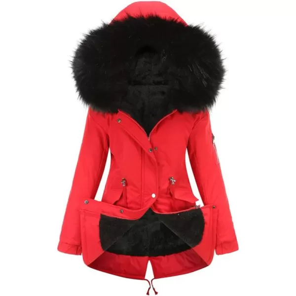 imagechouyatou Womens Winter Sherpa Lined Faux Fur Hooded Mid Long Safari Parka CoatRed