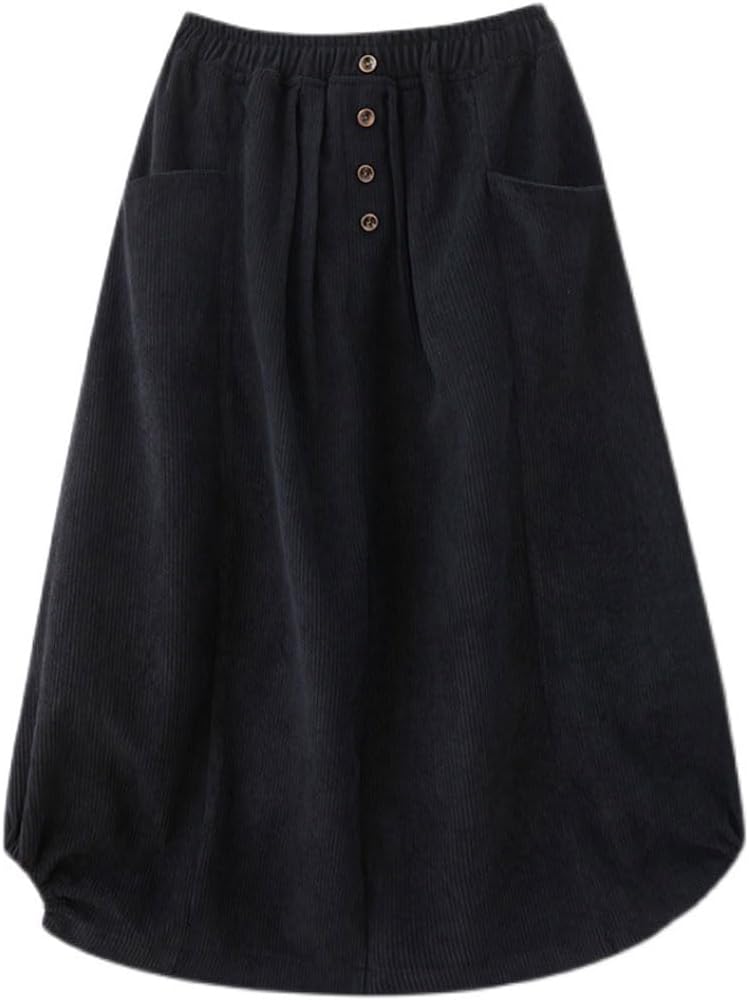 imagechouyatou Womens Elastic Waist Vintage Corduroy Skirt Button ALine Swing Midi Long Skirt with PocketsBlack