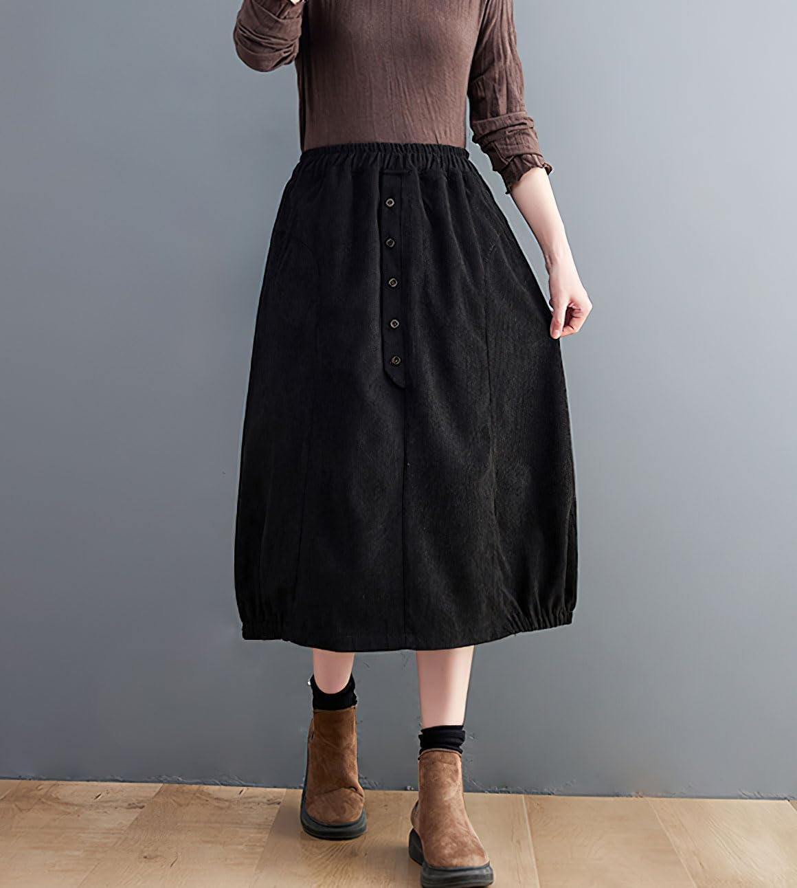 imagechouyatou Womens Elastic Waist Vintage Corduroy Skirt Button ALine Swing Midi Long Skirt with PocketsBlack