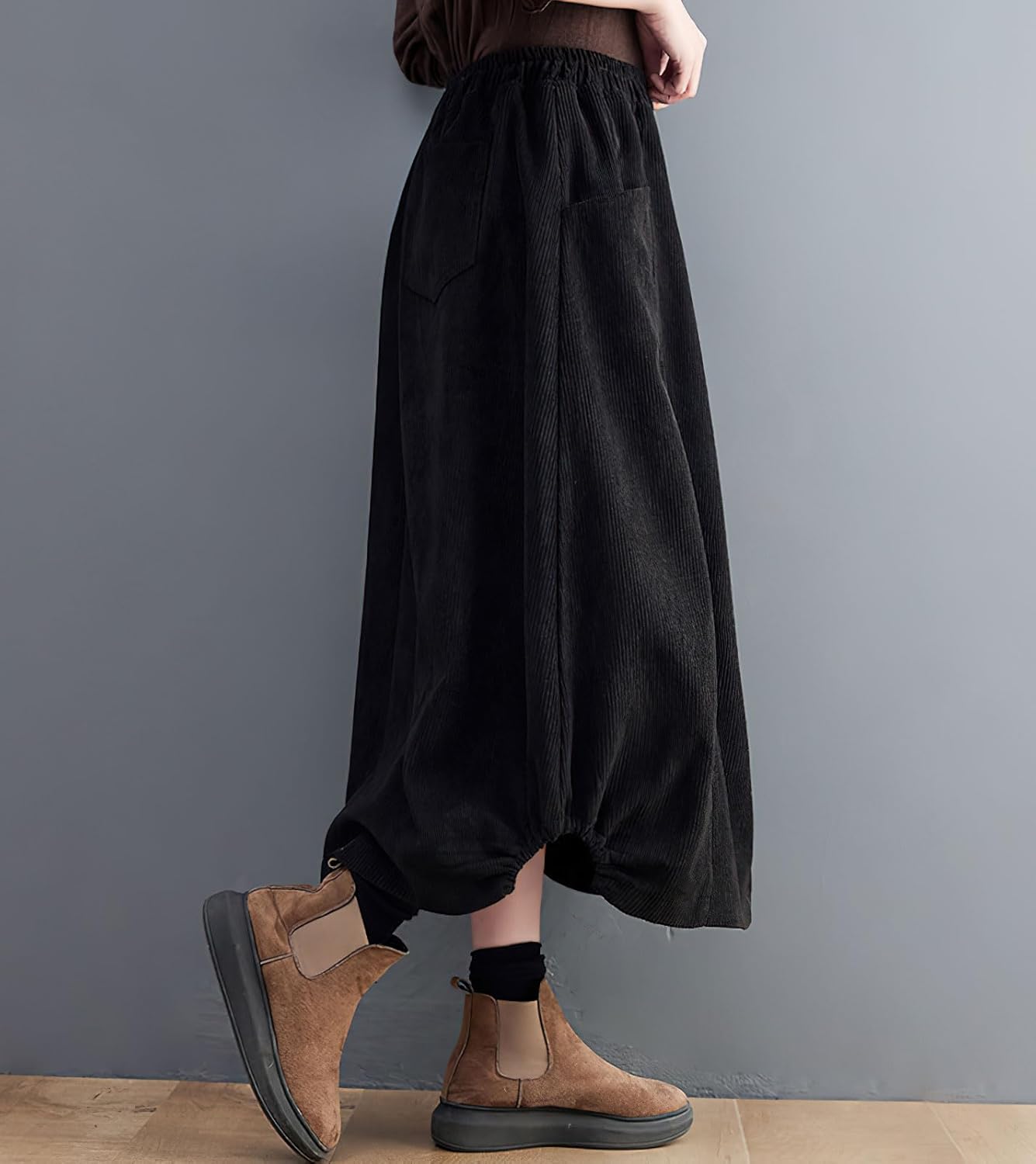 imagechouyatou Womens Elastic Waist Vintage Corduroy Skirt Button ALine Swing Midi Long Skirt with PocketsBlack