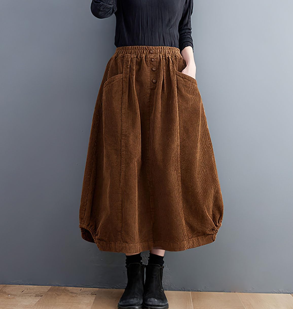 imagechouyatou Womens Elastic Waist Vintage Corduroy Skirt Button ALine Swing Midi Long Skirt with PocketsBrown