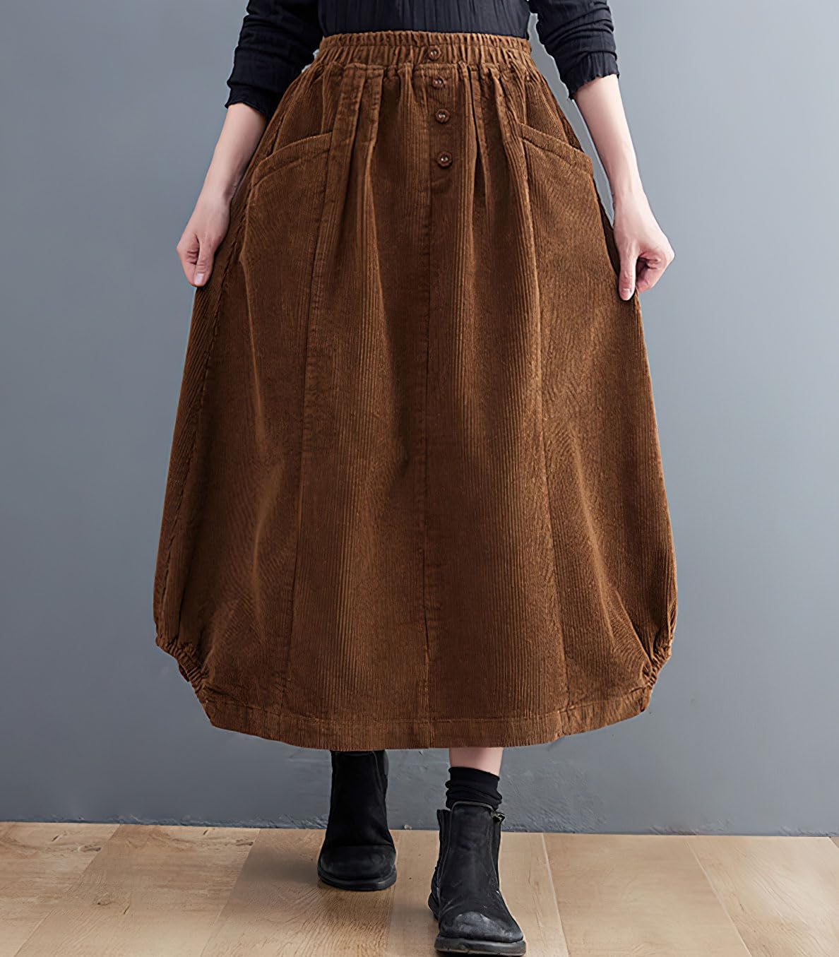 imagechouyatou Womens Elastic Waist Vintage Corduroy Skirt Button ALine Swing Midi Long Skirt with PocketsBrown