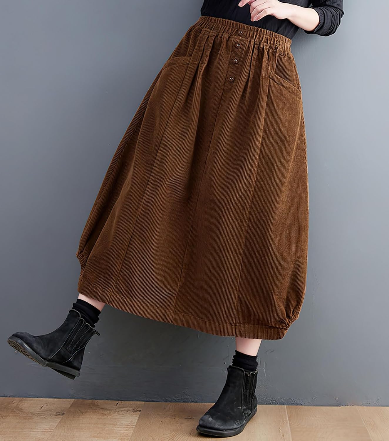 imagechouyatou Womens Elastic Waist Vintage Corduroy Skirt Button ALine Swing Midi Long Skirt with PocketsBrown