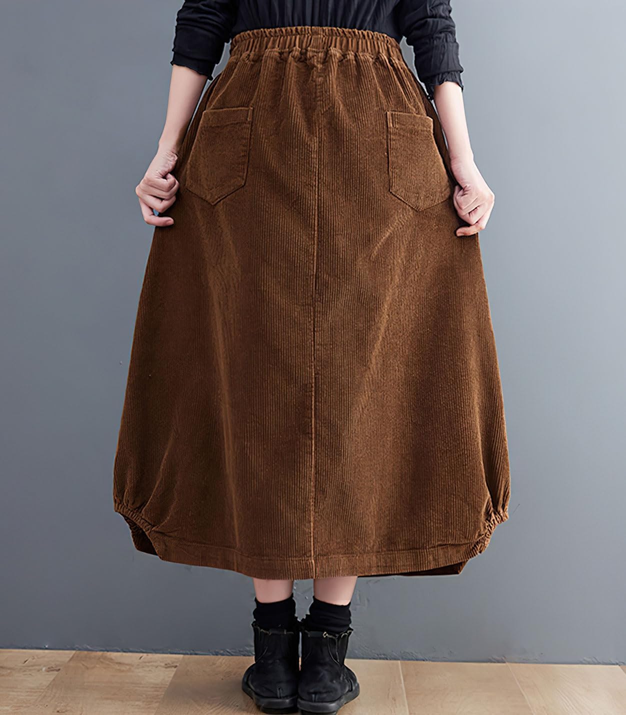 imagechouyatou Womens Elastic Waist Vintage Corduroy Skirt Button ALine Swing Midi Long Skirt with PocketsBrown