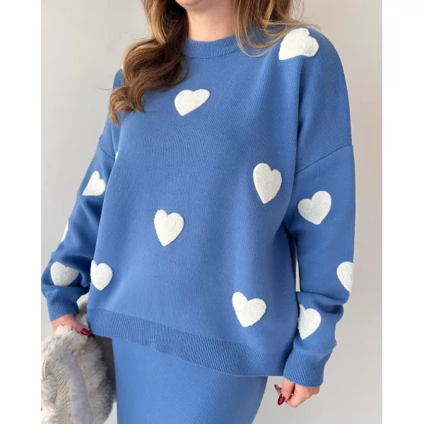 imagechouyatou Women 2 Piece Sweater Skirt Sets Floral Heart Ribbed Knit Sweater Top Bodycon Midi Skirt OutfitsBlue