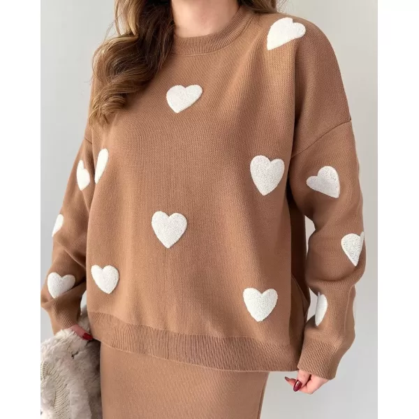 imagechouyatou Women 2 Piece Sweater Skirt Sets Floral Heart Ribbed Knit Sweater Top Bodycon Midi Skirt OutfitsBrown