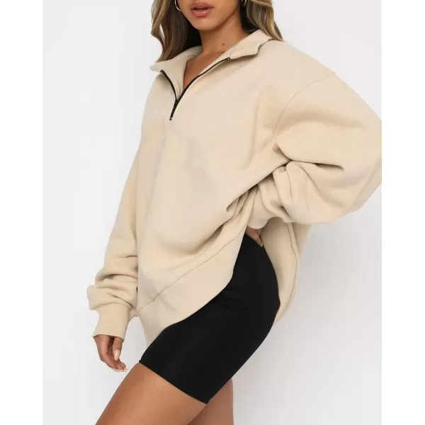 imagechouyatou Womens 14 Zip Up Oversized Hoodies Casual Long Sleeve Pullover Sweatshirt TopsApricot
