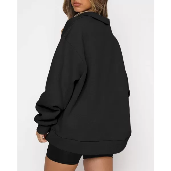 imagechouyatou Womens 14 Zip Up Oversized Hoodies Casual Long Sleeve Pullover Sweatshirt TopsBlack