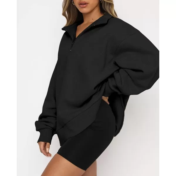 imagechouyatou Womens 14 Zip Up Oversized Hoodies Casual Long Sleeve Pullover Sweatshirt TopsBlack