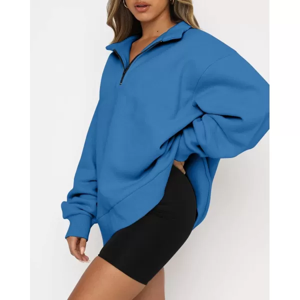 imagechouyatou Womens 14 Zip Up Oversized Hoodies Casual Long Sleeve Pullover Sweatshirt TopsBlue