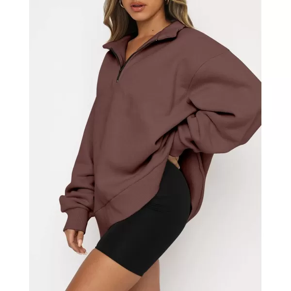 imagechouyatou Womens 14 Zip Up Oversized Hoodies Casual Long Sleeve Pullover Sweatshirt TopsCoffee
