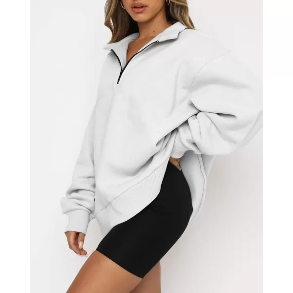 imagechouyatou Womens 14 Zip Up Oversized Hoodies Casual Long Sleeve Pullover Sweatshirt TopsWhite