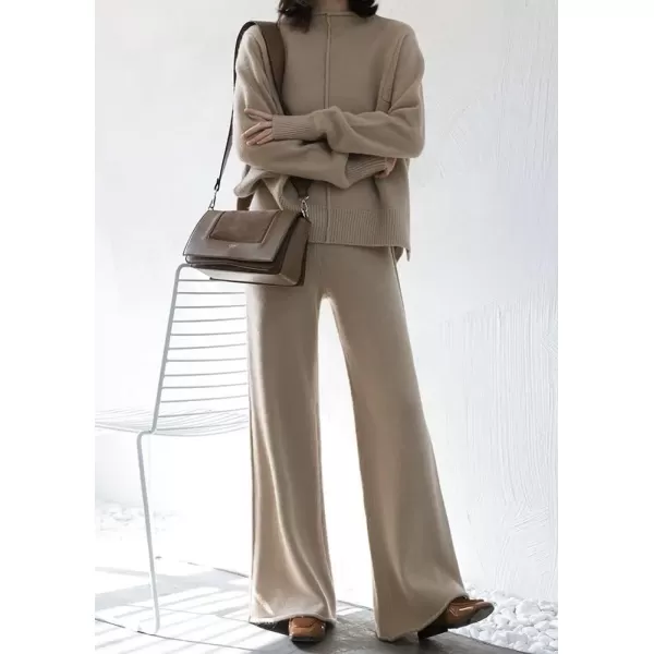 imagechouyatou Womens 2 Piece Outfits Knit Sweatsuit Mock Neck Sweater Top Wide Leg Pants SetApricot