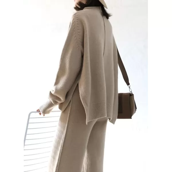 imagechouyatou Womens 2 Piece Outfits Knit Sweatsuit Mock Neck Sweater Top Wide Leg Pants SetApricot