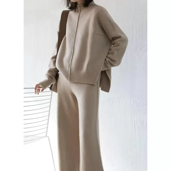 imagechouyatou Womens 2 Piece Outfits Knit Sweatsuit Mock Neck Sweater Top Wide Leg Pants SetApricot