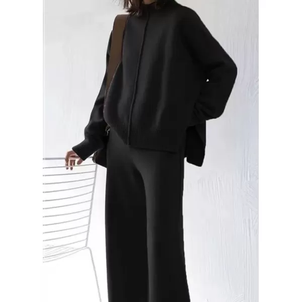 imagechouyatou Womens 2 Piece Outfits Knit Sweatsuit Mock Neck Sweater Top Wide Leg Pants SetBlack