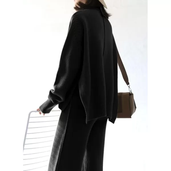 imagechouyatou Womens 2 Piece Outfits Knit Sweatsuit Mock Neck Sweater Top Wide Leg Pants SetBlack