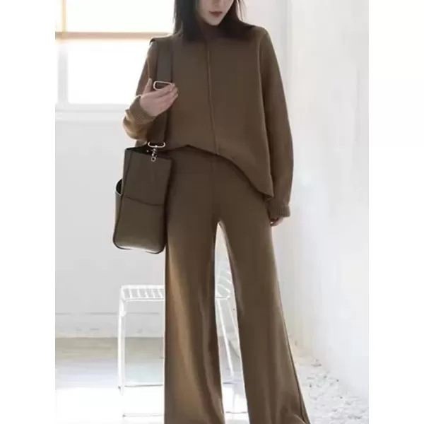 imagechouyatou Womens 2 Piece Outfits Knit Sweatsuit Mock Neck Sweater Top Wide Leg Pants SetCoffee